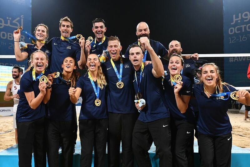 Doha, Qatar - October 16, 2019: Medals award ceremony for the Men's Beach Volleyball 4x4 event of the 1st ANOC World Beach Games Qatar 2019. 1st: United States of America - 2nd: Qatar - 3rd: Indonesia (Photo Nassos Triantafyllou / Laurel Photo Services)